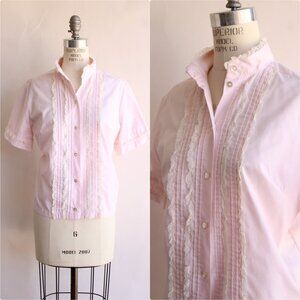 Vintage 1960s Blouse, Pink Cotton Tuxedo Front with Ruffled Lace Trim and Nehru